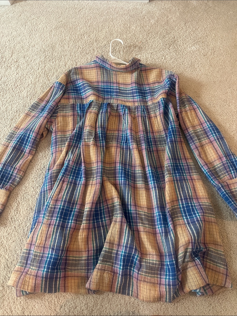 Free People Oversized Plaid Button-Front Voyage Shirt Dress in Blue Lavender Tan - Picture 8 of 9